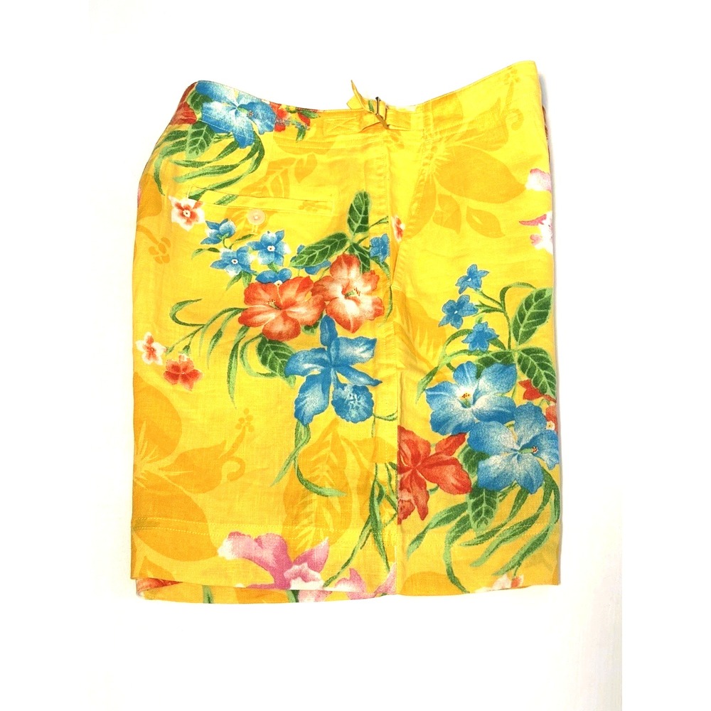 Lauren Ralph Lauren Linen Shorts Yellow Multicolored Floral Hawaiian Tropical 8P